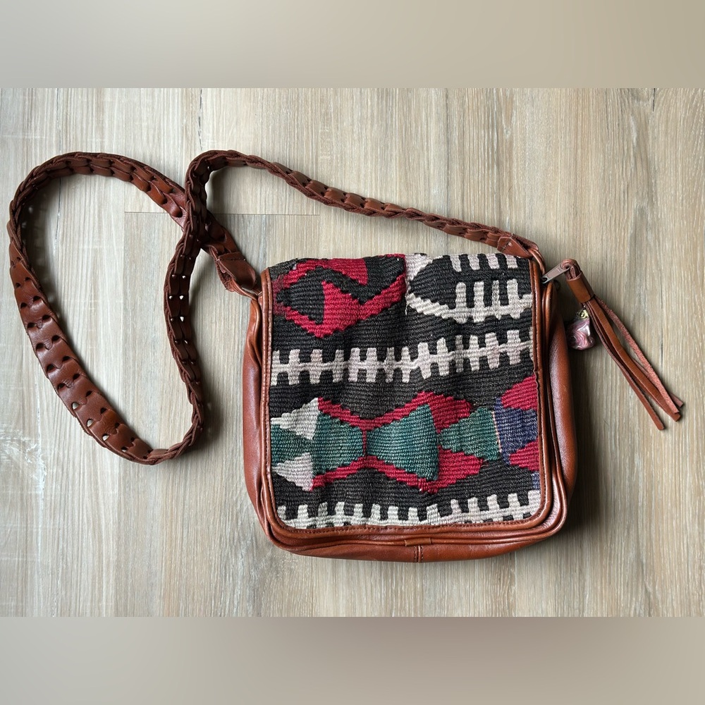 Vintage Marco Avane Kilim Crossbody Bag Leather Trim Boho